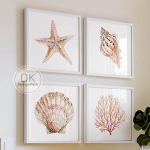 Neutral Coastal Wall Art Set of 4, Beach House Wall Decor, Watercolor Seashell Starfish Conch Coral Prints, Nautical Bedroom Art, Ocean Art