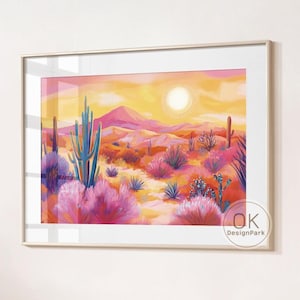 Western Wüste Poster, Retro Midcentury modernes Plakat, Botanische Kaktus Dekor, rosa Raum Dekor Gemälde, Retro westliche Kunst, digitaler Download
