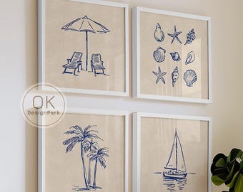 Coastal Line Art Wall Decor Set of 4 –Minimal Beach Prints, Nautical Boho Artwork for Summer Home, Digital Download for Coastal Gallery Wall