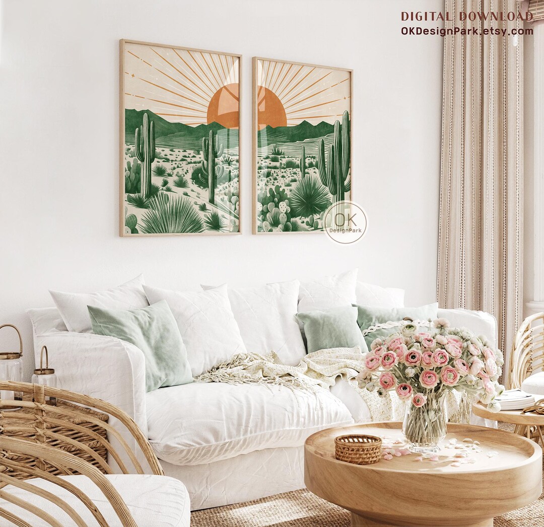 Green Desert Cactus Print Set – 2 Piece Digital Wall Art With Botanical ...