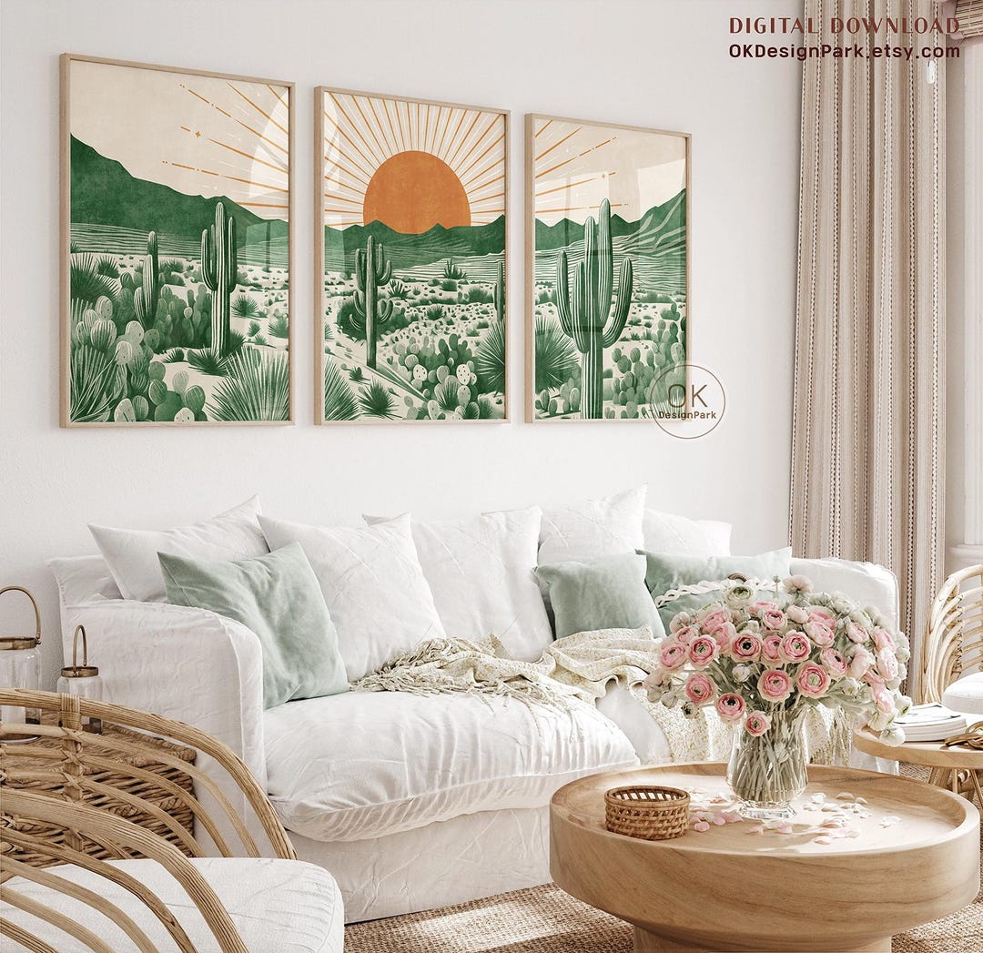 Green Desert Cactus Wall Art Set of 3 – Southwestern Landscape Triptych ...