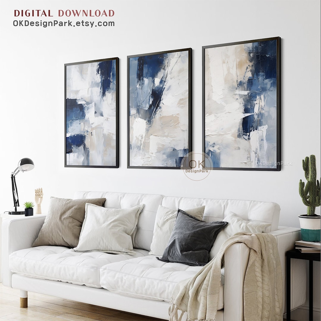 Navy Blue Wall Art Set of 3 Prints, Dark Blue Abstract Wall Art, Modern ...