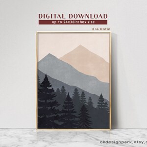 Pode incluir: Download digital de uma impress&atilde;o minimalista de paisagem de montanha com um esquema de cores p&ecirc;ssego, azul e cinza. A impress&atilde;o apresenta uma silhueta de uma cordilheira com uma floresta de &aacute;rvores em primeiro plano.