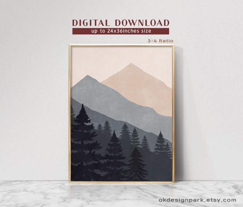 Pode incluir: Download digital de uma impress&atilde;o minimalista de paisagem de montanha com um esquema de cores p&ecirc;ssego, azul e cinza. A impress&atilde;o apresenta uma silhueta de uma cordilheira com uma floresta de &aacute;rvores em primeiro plano.