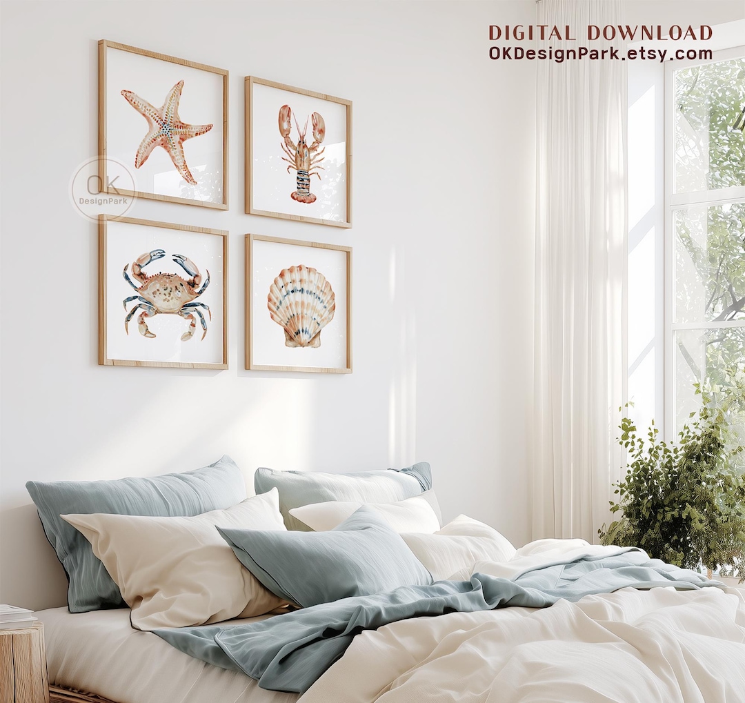Blue Coastal Seashell Wall Art Set of 4 – Starfish, Lobster, Crab ...