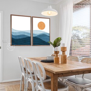 Boho Beach Print, Ocean Waves Print, Ocean Wall Art, Modern Ocean Prints, Beach House Decor, Abstract Sun, Abstract Landscape, Instant Download, Set of 3 Prints, Terracotta Wall Art