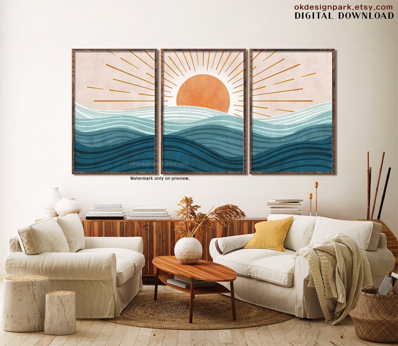 Boho Beach Print, Ocean Wall Art, Modern Ocean Prints, Ocean Waves Print, Beach House Decor, Abstract Sun, Abstract Landscape, Printable Wall Art, Instant Download Art, Sunrise Art Print, Bohemian Print, Set of 3 Prints, Terracotta Wall Art