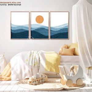 Boho Beach Print, Ocean Waves Print, Ocean Wall Art, Modern Ocean Prints, Beach House Decor, Abstract Sun, Abstract Landscape, Instant Download, Set of 3 Prints, Terracotta Wall Art