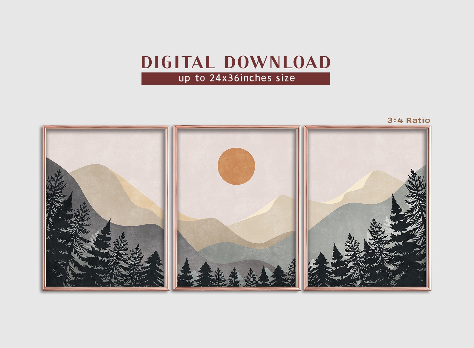 Mountain Print Set of 3, Mid Century Modern, Abstract Mountain Wall Art ...