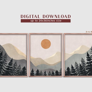 K&ouml;nnte beinhalten: Ein Set aus drei digitalen Drucken mit einer minimalistischen Landschaft mit Bergen, einer Sonne und B&auml;umen in Braun-, Beige-, Grau- und Schwarzt&ouml;nen. Die Drucke sind in einem hellbraunen Rahmen gerahmt.