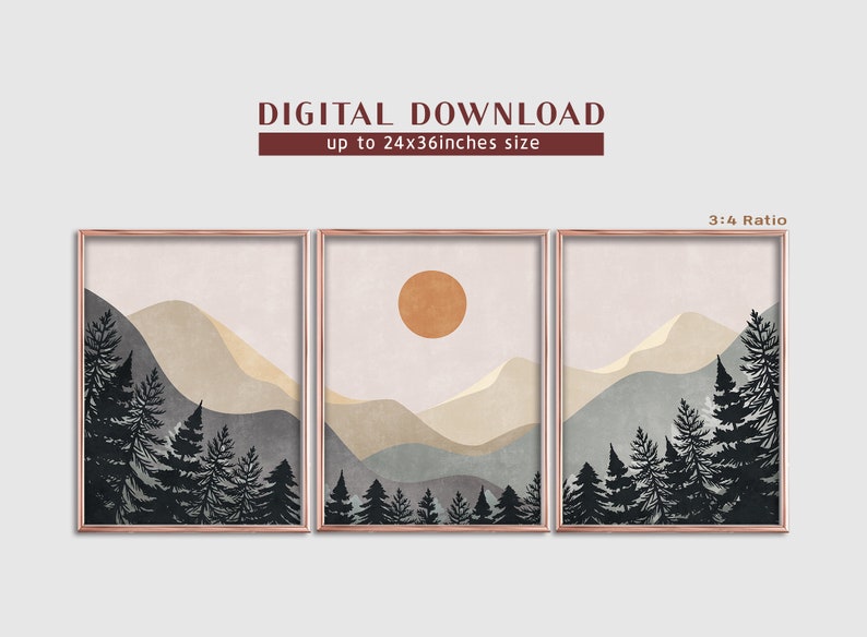 K&ouml;nnte beinhalten: Ein Set aus drei digitalen Drucken mit einer minimalistischen Landschaft mit Bergen, einer Sonne und B&auml;umen in Braun-, Beige-, Grau- und Schwarzt&ouml;nen. Die Drucke sind in einem hellbraunen Rahmen gerahmt.
