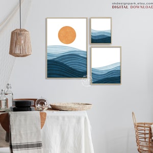 Boho Beach Print, Ocean Waves Print, Ocean Wall Art, Modern Ocean Prints, Beach House Decor, Abstract Sun, Abstract Landscape, Instant Download, Set of 3 Prints, Terracotta Wall Art