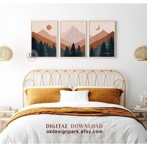 Mountain Landscape, Set of 3 Wall Art, Printable Wall Art, Mountain Print, Mid Century, Sun Terracotta Wall Art, Above Bed Decor, Boho Landscape print, 3 Piece Wall Art, Boho Mountain, Abstract Landscape, Downloadable Art, Modern Wall Art