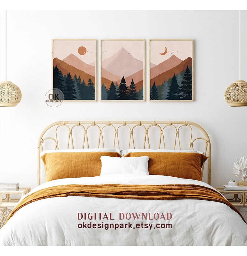 Mountain Landscape, Set of 3 Wall Art, Printable Wall Art, Mountain Print, Mid Century, Sun Terracotta Wall Art, Above Bed Decor, Boho Landscape print, 3 Piece Wall Art, Boho Mountain, Abstract Landscape, Downloadable Art, Modern Wall Art