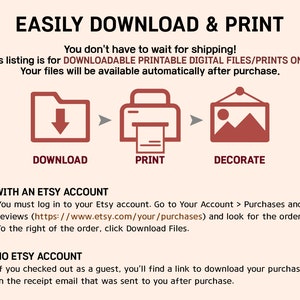 Pode incluir: Um diagrama que mostra como baixar, imprimir e decorar arquivos digitais. O diagrama mostra uma pasta com uma seta de download, uma impressora e uma moldura. O texto "EASILY DOWNLOAD & PRINT" est&aacute; no topo do diagrama. O texto "DOWNLOADABLE PRINTABLE DIGITAL FILES/PRINTS ONLY" est&aacute; abaixo do diagrama. O texto "WITH AN ETSY ACCOUNT" e "NO ETSY ACCOUNT" est&atilde;o abaixo do diagrama.