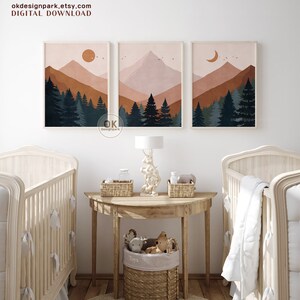 Mountain Landscape, Set of 3 Wall Art, Printable Wall Art, Mountain Print, Mid Century, Sun Terracotta Wall Art, Above Bed Decor, Boho Landscape print, 3 Piece Wall Art, Boho Mountain, Abstract Landscape, Downloadable Art, Modern Wall Art