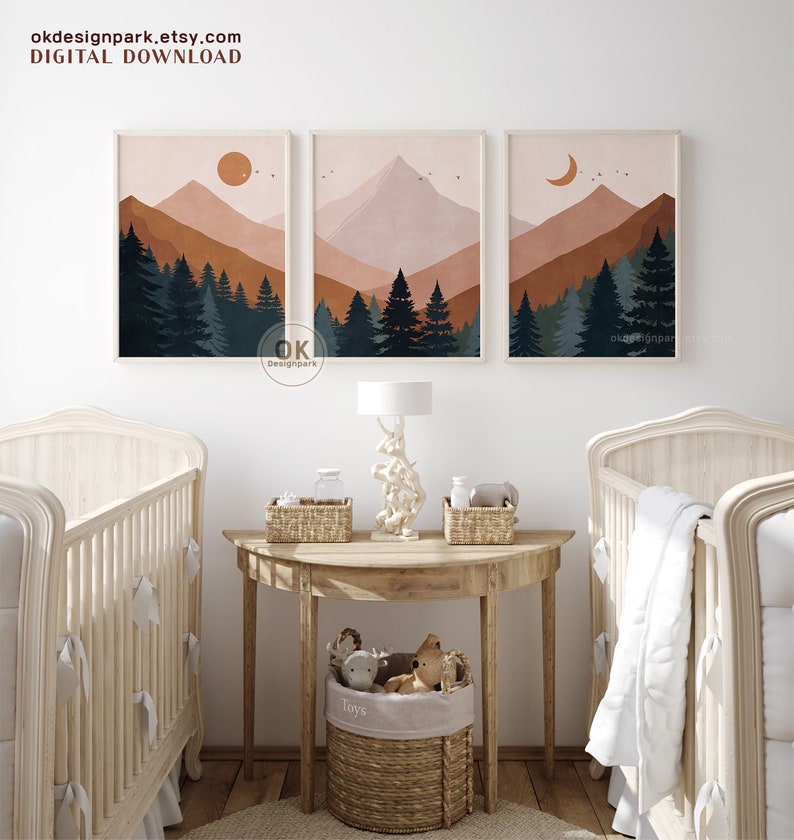 Mountain Landscape, Set of 3 Wall Art, Printable Wall Art, Mountain Print, Mid Century, Sun Terracotta Wall Art, Above Bed Decor, Boho Landscape print, 3 Piece Wall Art, Boho Mountain, Abstract Landscape, Downloadable Art, Modern Wall Art