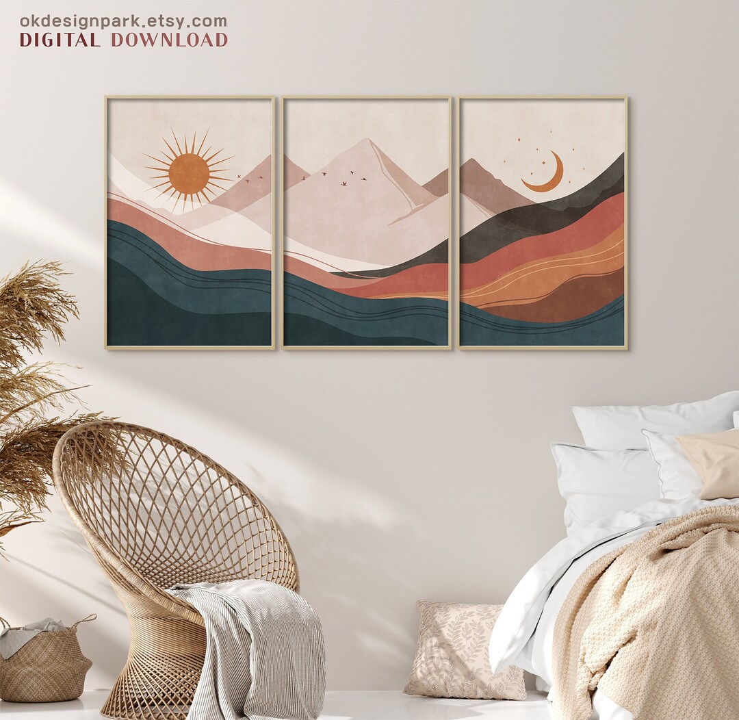 Landscape Print Set, Sun and Moon Prints, Print Set of 3, Abstract ...