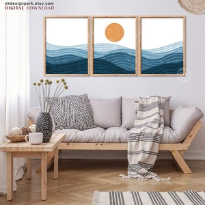 Boho Beach Print, Ocean Waves Print, Ocean Wall Art, Modern Ocean Prints, Beach House Decor, Abstract Sun, Abstract Landscape, Instant Download, Set of 3 Prints, Terracotta Wall Art
