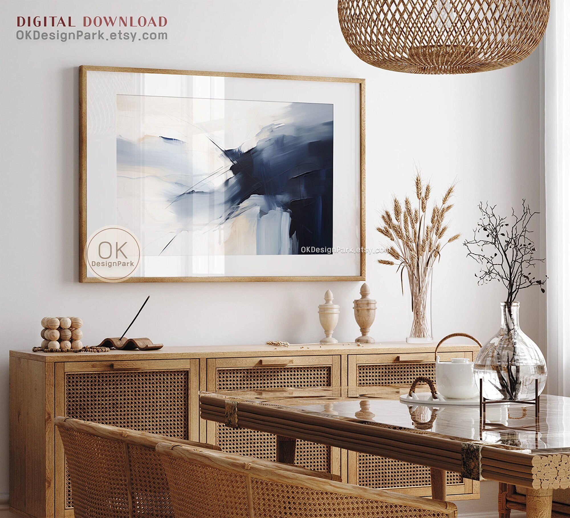 Navy Blue Wall Art Horizontal Print, Dark Blue Abstract Wall Art, Modern Wall Art, Blue and White Art, Printable Wall Art, Digital Download