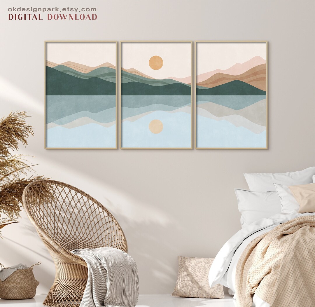 Landscape Print Set, Sun and Mountain Wall Art, Print Set of 3 ...