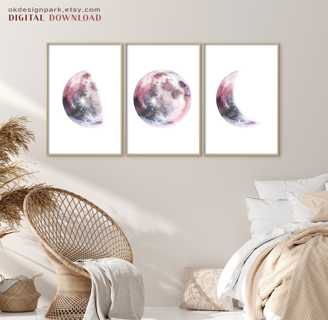 Pink Moon Print, Pink Watercolor Moon, Moon Phases Wall Art Moon Phases ...
