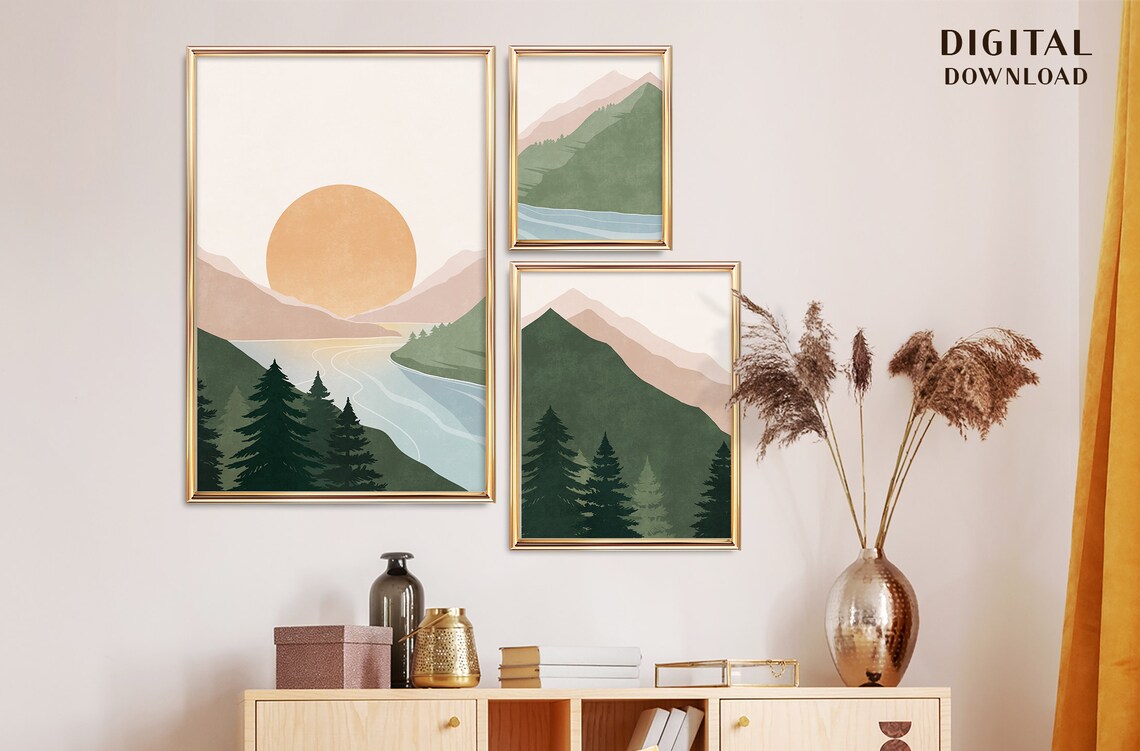 Print Set of 3 Landscape Print Set Sun and Mountain Wall | Etsy