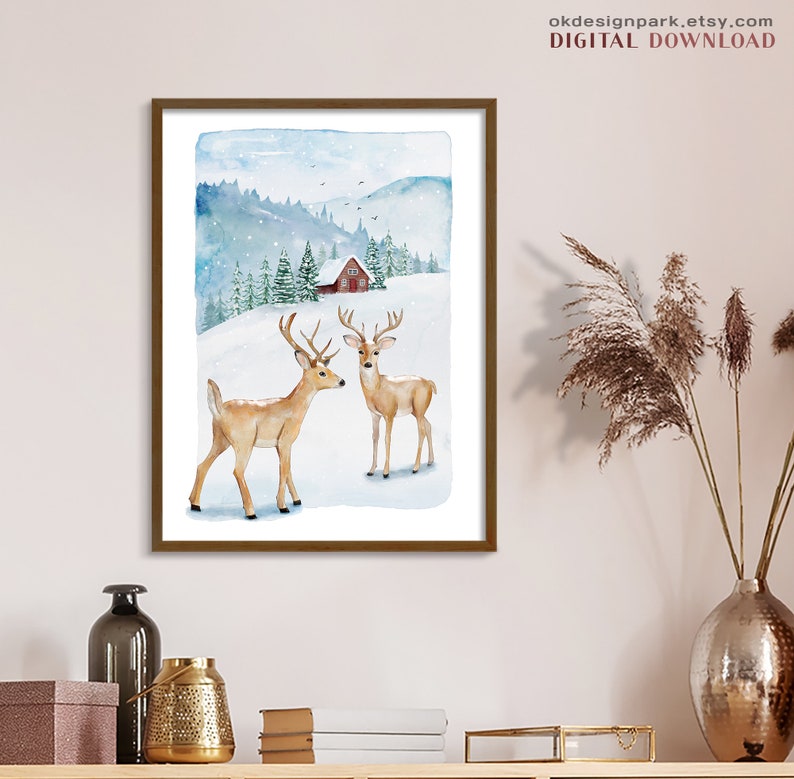 Christmas prints, Evergreen trees, Christmas printable, Christmas pictures, Christmas art Print, Pine tree prints, Watercolour painting, Evergreen trees, Winter deer print, Holiday decor, Downloadable art