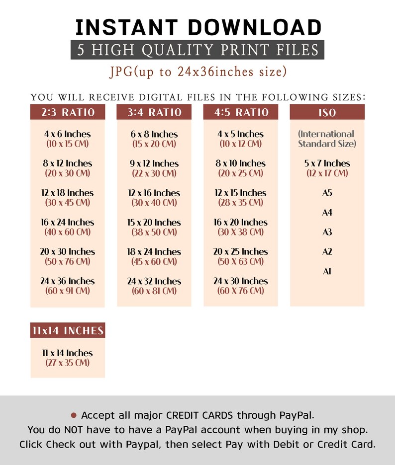 May include: An image showcasing digital print file sizes, including 2:3, 3:4, 4:5 ratios, and ISO standards. Sizes range from 4x6 inches to 24x36 inches. The image also includes the text "Instant Download" and "5 High Quality Print Files".