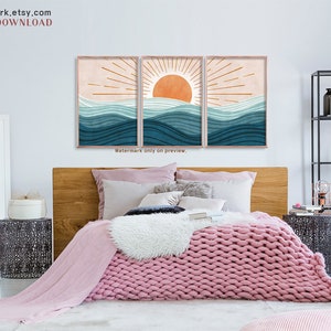 Boho Beach Print, Ocean Wall Art, Modern Ocean Prints, Ocean Waves Print, Beach House Decor, Abstract Sun, Abstract Landscape, Printable Wall Art, Instant Download Art, Sunrise Art Print, Bohemian Print, Set of 3 Prints, Terracotta Wall Art