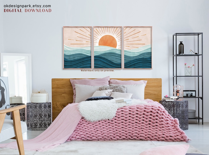 Boho Beach Print, Ocean Wall Art, Modern Ocean Prints, Ocean Waves Print, Beach House Decor, Abstract Sun, Abstract Landscape, Printable Wall Art, Instant Download Art, Sunrise Art Print, Bohemian Print, Set of 3 Prints, Terracotta Wall Art
