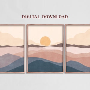 Sunset Print, Modern Set of 3, Ocean Wave Poster, Abstract Wall Decor, Boho Landscape Mountain Sea Sun Peaceful Wall Art Bedroom Mid Century