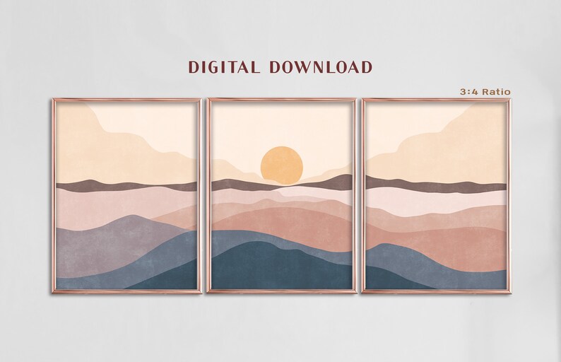 Sunset Print, Modern Set of 3, Ocean Wave Poster, Abstract Wall Decor, Boho Landscape Mountain Sea Sun Peaceful Wall Art Bedroom Mid Century