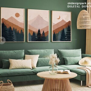 Mountain Landscape, Set of 3 Wall Art, Printable Wall Art, Mountain Print, Mid Century, Sun Terracotta Wall Art, Above Bed Decor, Boho Landscape print, 3 Piece Wall Art, Boho Mountain, Abstract Landscape, Downloadable Art, Modern Wall Art