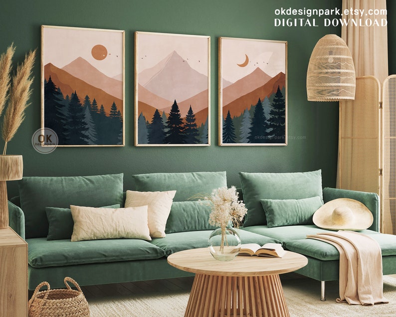 Mountain Landscape, Set of 3 Wall Art, Printable Wall Art, Mountain Print, Mid Century, Sun Terracotta Wall Art, Above Bed Decor, Boho Landscape print, 3 Piece Wall Art, Boho Mountain, Abstract Landscape, Downloadable Art, Modern Wall Art