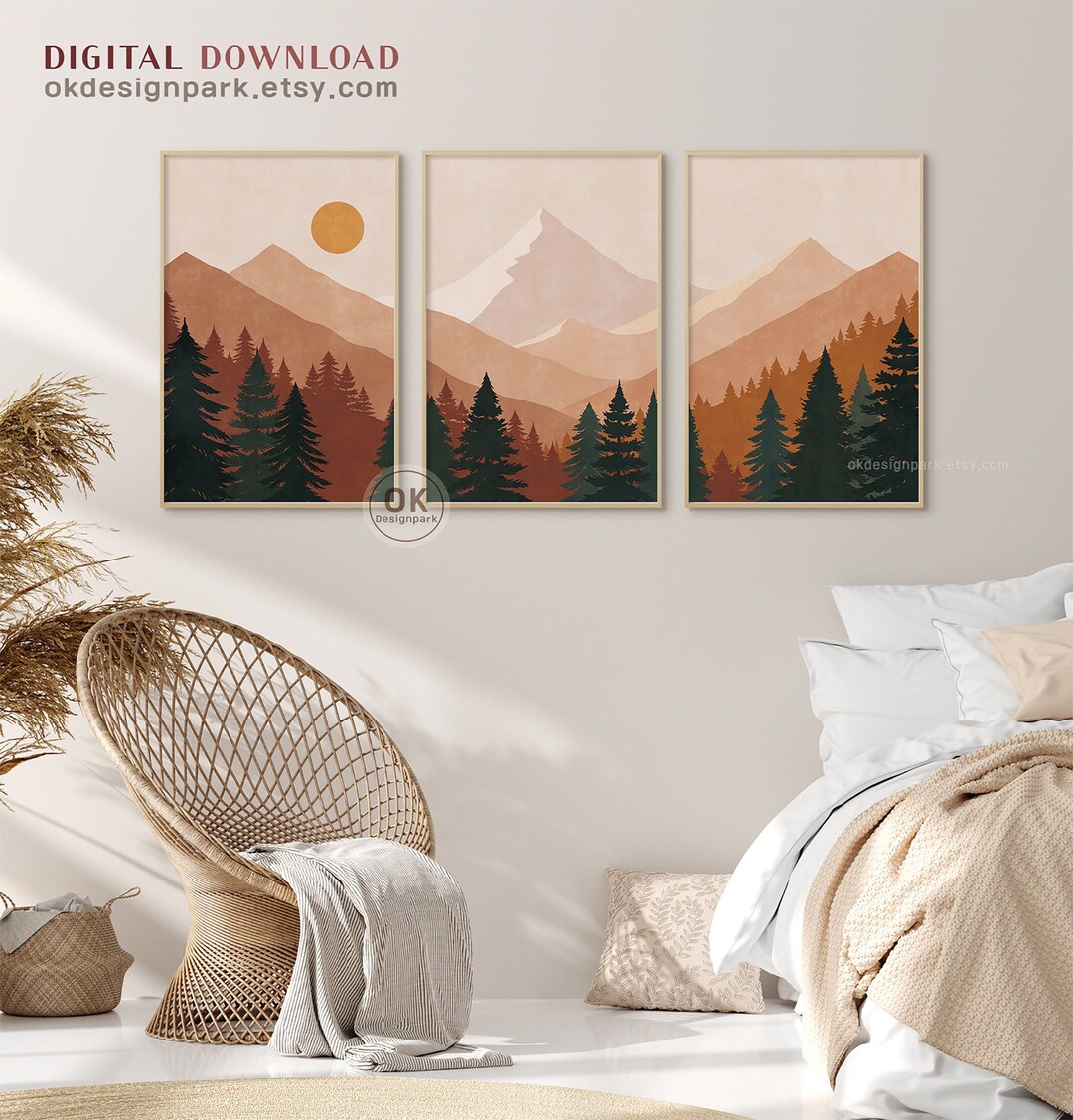 Boho Wall Decor, Set of 3 Prints, Abstract Mountain, Printable Wall Art ...