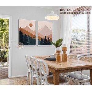 Mountain Landscape, Set of 3 Wall Art, Printable Wall Art, Mountain Print, Mid Century, Sun Terracotta Wall Art, Above Bed Decor, Boho Landscape print, 3 Piece Wall Art, Boho Mountain, Abstract Landscape, Downloadable Art, Modern Wall Art