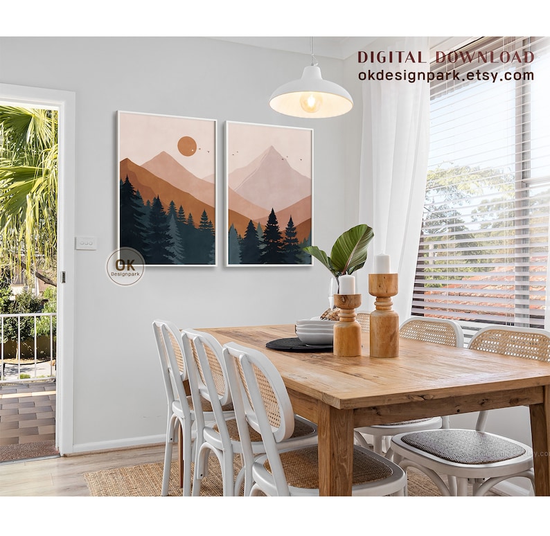 Mountain Landscape, Set of 3 Wall Art, Printable Wall Art, Mountain Print, Mid Century, Sun Terracotta Wall Art, Above Bed Decor, Boho Landscape print, 3 Piece Wall Art, Boho Mountain, Abstract Landscape, Downloadable Art, Modern Wall Art