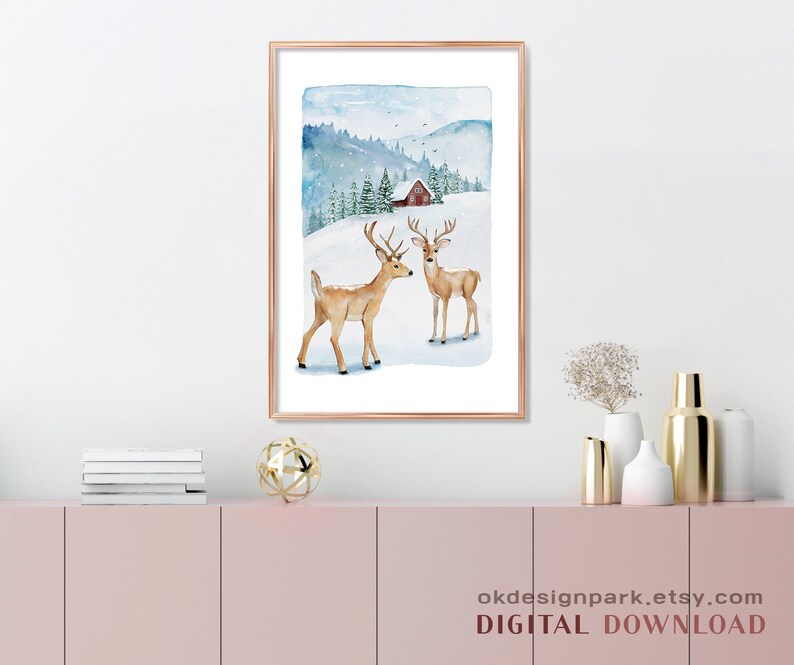 Christmas prints, Evergreen trees, Christmas printable, Christmas pictures, Christmas art Print, Pine tree prints, Watercolour painting, Evergreen trees, Winter deer print, Holiday decor, Downloadable art