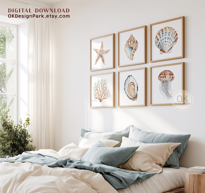 Coastal Seashell Wall Art Set of 6 – Beach House Decor, Watercolor Sea ...