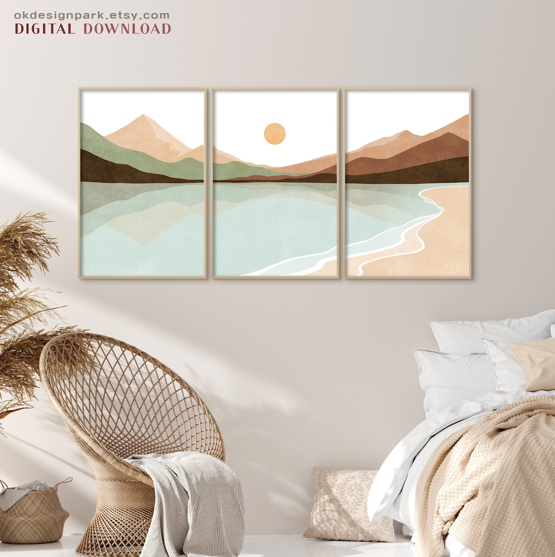 Abstract Mountain, Landscape Print Set, Sun and Mountain Wall Art ...