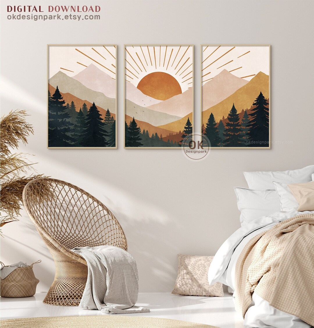 Mountain Art Set, Abstract Mountain, Mountains Wall Art, Sunset Wall ...