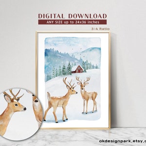 Christmas prints, Evergreen trees, Christmas printable, Christmas pictures, Christmas art Print, Pine tree prints, Watercolour painting, Evergreen trees, Winter deer print, Holiday decor, Downloadable art