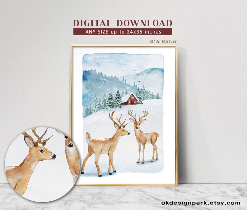 Christmas prints, Evergreen trees, Christmas printable, Christmas pictures, Christmas art Print, Pine tree prints, Watercolour painting, Evergreen trees, Winter deer print, Holiday decor, Downloadable art