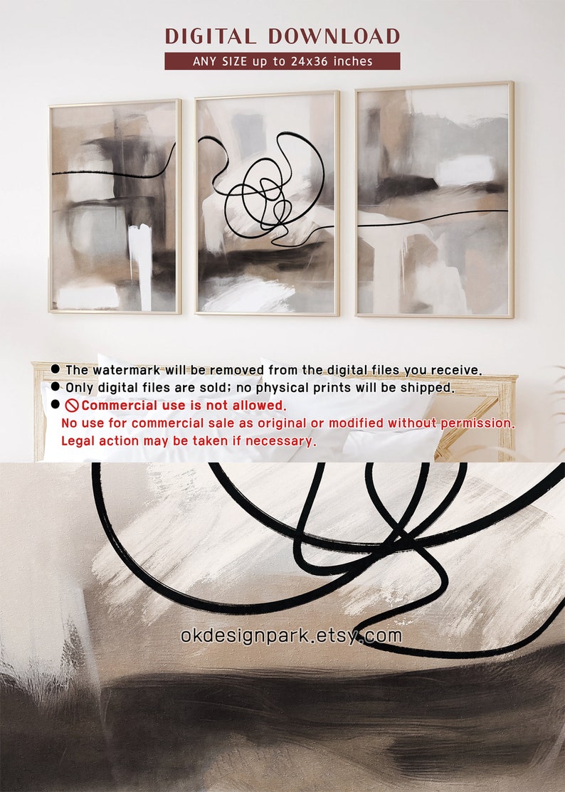 Abstract Printable Wall Art Set of 3, Modern Neutral, Black and Beige ...