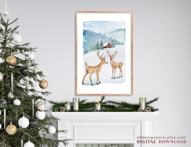 Christmas prints, Evergreen trees, Christmas printable, Christmas pictures, Christmas art Print, Pine tree prints, Watercolour painting, Evergreen trees, Winter deer print, Holiday decor, Downloadable art