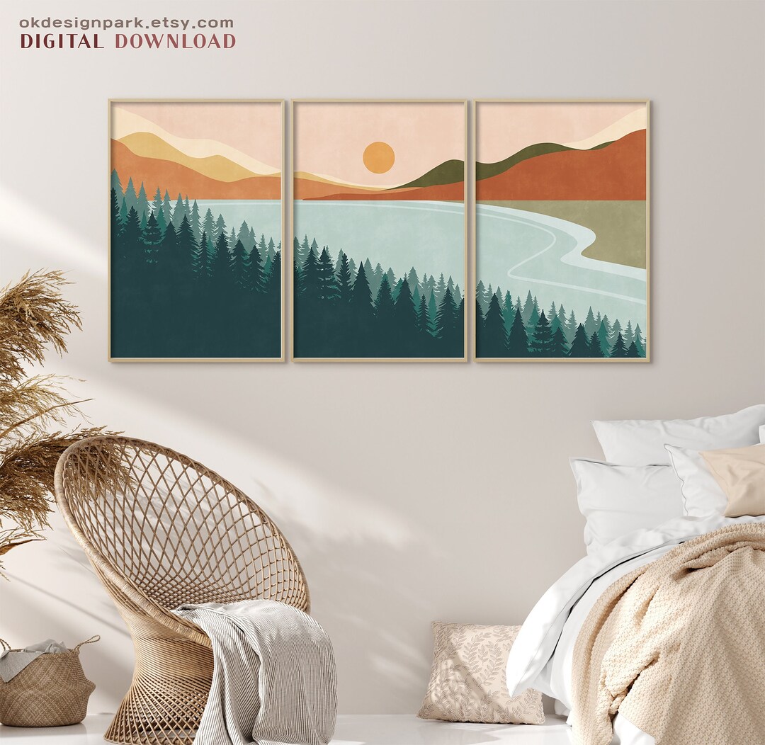 Minimalist Art, Abstract Mountain, Sun and Mountain Wall Art, Landscape ...