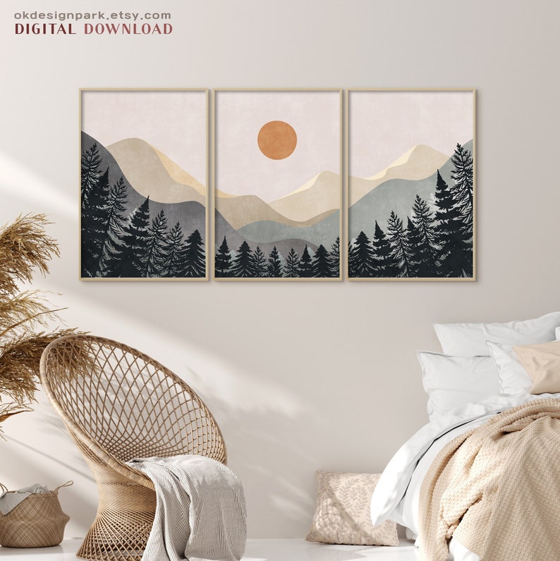 3er Set Berge, Mid Century Modern, Abstrakte Berge Wand Kunst, Berg Kunst Abstrakte Landschaft Natur Dekor Kunst Schlafzimmer Kunst Drucke Bild 1