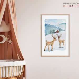 Christmas prints, Evergreen trees, Christmas printable, Christmas pictures, Christmas art Print, Pine tree prints, Watercolour painting, Evergreen trees, Winter deer print, Holiday decor, Downloadable art