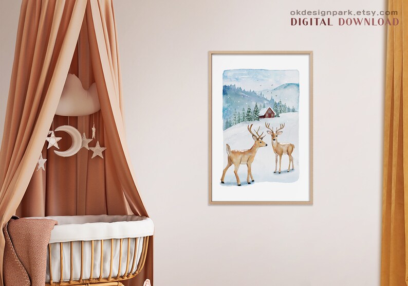 Christmas prints, Evergreen trees, Christmas printable, Christmas pictures, Christmas art Print, Pine tree prints, Watercolour painting, Evergreen trees, Winter deer print, Holiday decor, Downloadable art